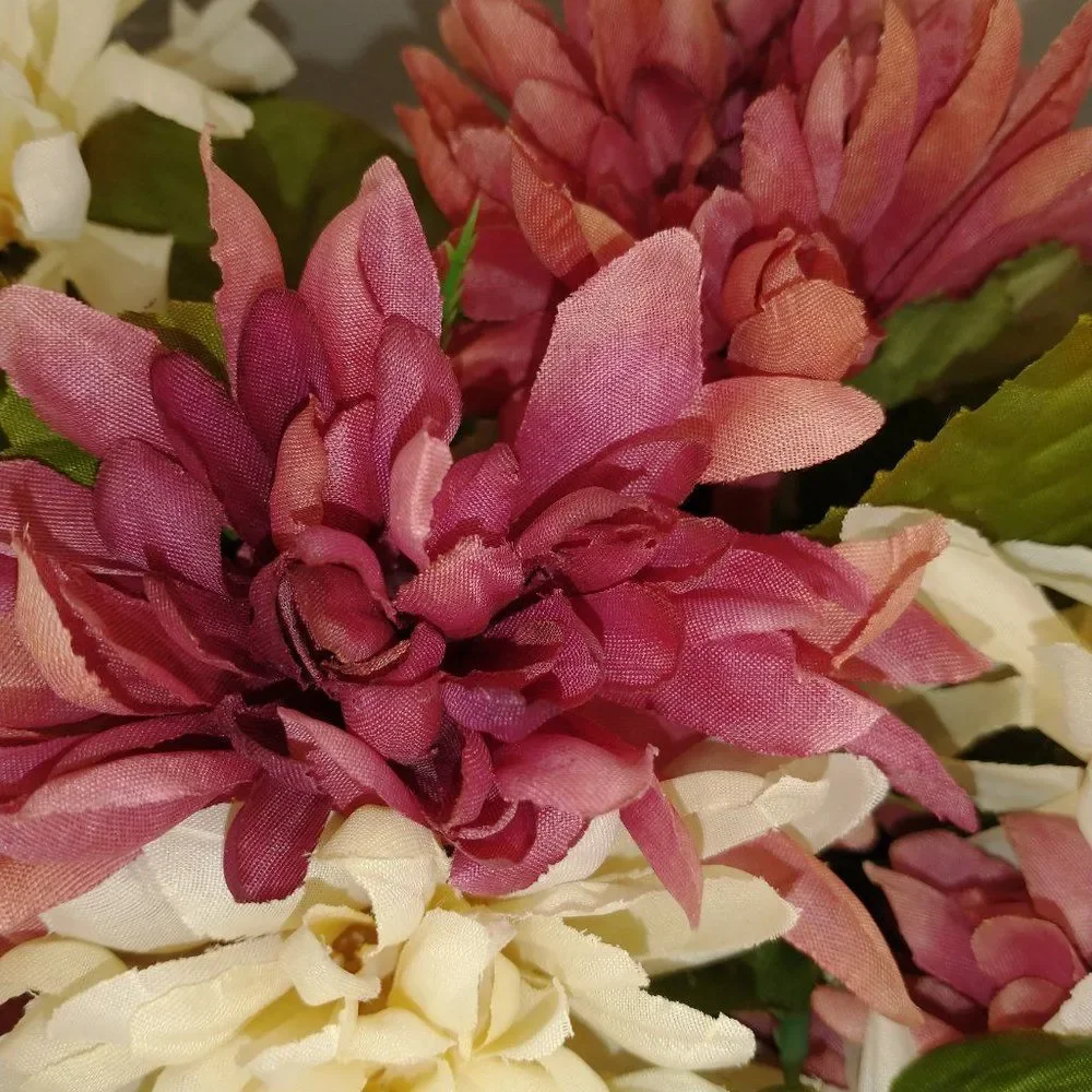 Hand Crafted Floral Table Centerpiece Fall Chrysanthemum Mauve White Basket